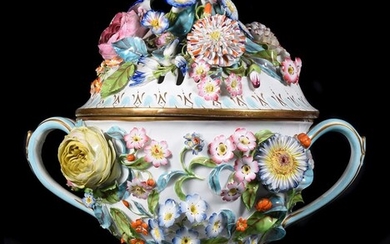 An English porcelain flower-encrusted pot pourri urn and cover of Coalbrookdale type