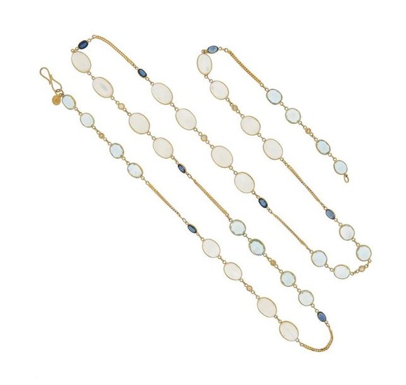 An aquamarine, moonstone, sapphire and diamond long chain,...