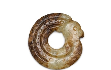 An archaistic small celadon and russet jade bird-shaped pendant | 褐斑青玉仿古鳥形珮