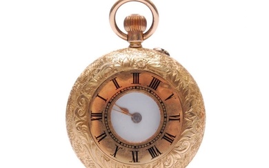 An early 20th Century 14ct half hunter, crown wind fob watch...