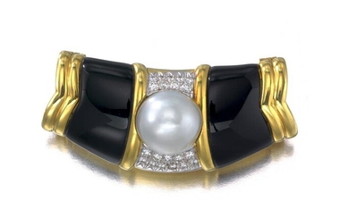 An onyx, South Sea cultured pearl and diamond enhancer