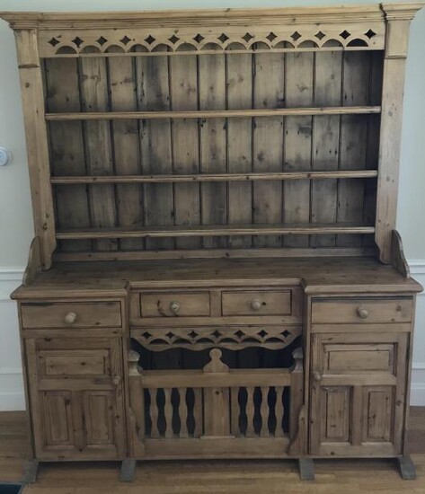 Antique Carved Pine Country Kitchen Hutch