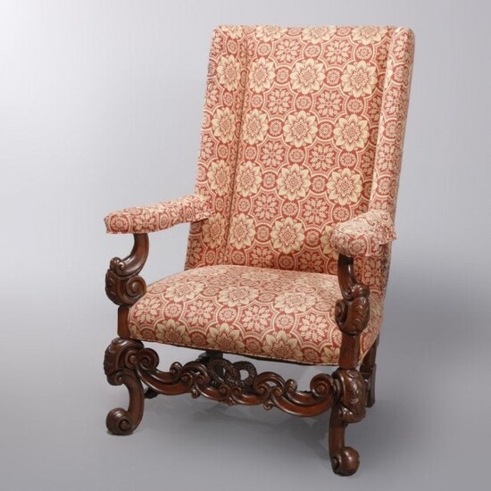 Antique Carved Walnut Continental Baroque Tall Armchair
