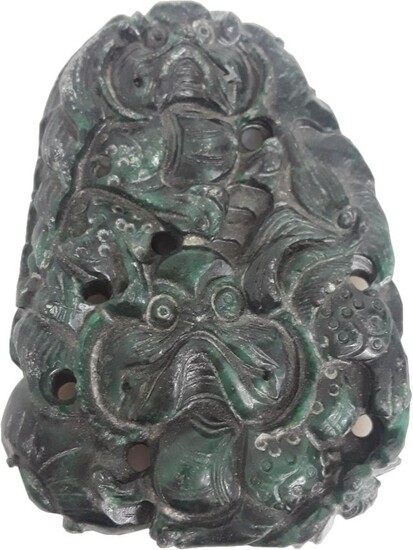 Antique Chinese Carved Double Fu Dog Green Stone Amulet