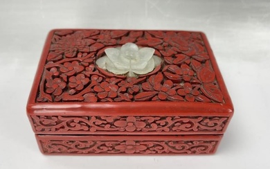 Antique Chinese Cinnabar Box Decorated with Jade Flower