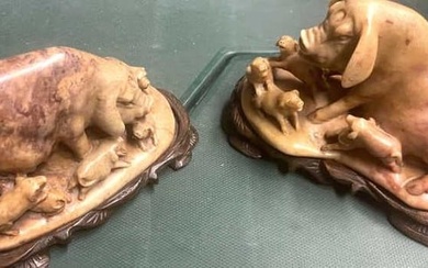 Antique Chinese Soapstone Carved Pig Figurines