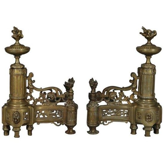 Antique French Louis XIV Brass Fireplace Chenets
