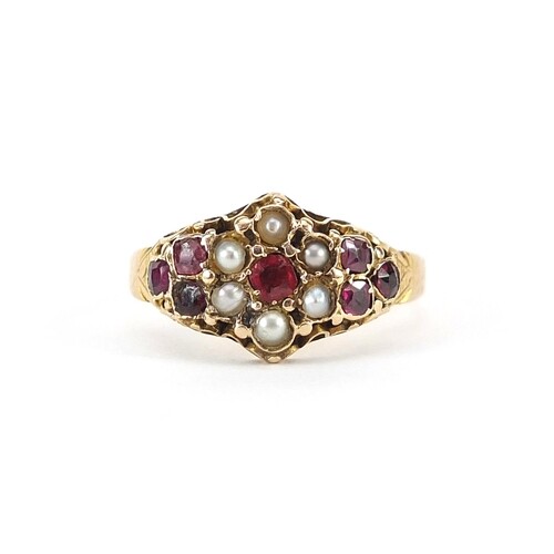 Antique gold ruby, pink stone and seed pearl ring, indistinc...
