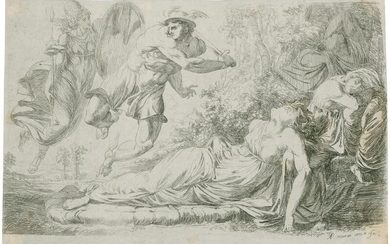 Athena unterstützt Perseus (mit den Flügelschuhen) bei der Enthauptung der Medusa.