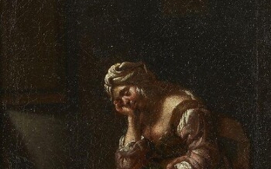 Attributed to Giuseppe Gambarini, Italian 1680-1725- Sleeping girl seated in an interior with a resting dog; oil on canvas, 28 x 19.5 cm. In a 18th-Century gilded wooden frame. Note: Active in Bologna, Gambarini’s style conforms to the late-Baroque...