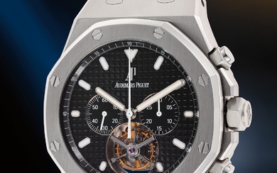 Audemars Piguet, Ref. 25977ST A large and impressive stainless steel chronograph wristwatch with tourbillon regulator, bracelet, certificate, and presentation box