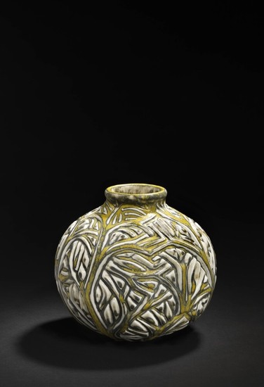 Axel Salto: A round stoneware vase modelled with branches in relief. Decorated with solfatara glaze. Signed Salto, 1943. H. 20 cm.