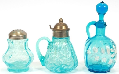BLUE GLASS CRUETS AND MUFFINEER C. 1870 THREE PCS.