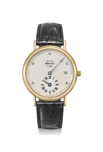 BREGUET. A FINE 18K GOLD LIMITED EDITION AUTOMATIC WRISTWATCH WITH DATE AND REGULATOR-TYPE DIAL, MADE TO COMMEMORATE THE 250TH ANNIVERSARY OF THE BIRTH OF ABRAHAM LOUIS BREGUET IN 1747, SIGNED BREGUET, CLASSIQUE MODEL, REF. 1747, MOVEMENT NO. 2290,...