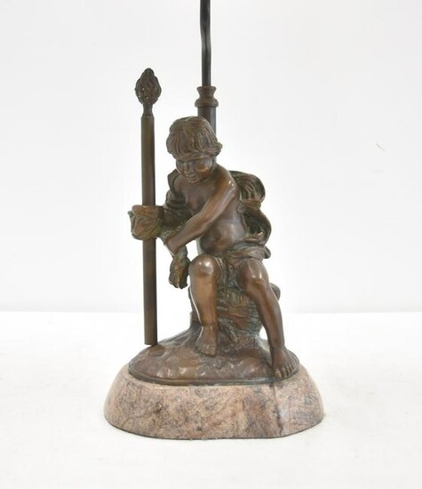 BRONZE SEATED PUTTI ON MARBLE BASE