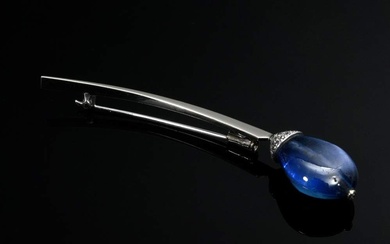 Bent white gold 750 pin with large sapphire drop and diamond roses (total ca. 0.10ct/SI-P/TCR-C), 9.6g, l. 7.3cm, stone with traces of wear