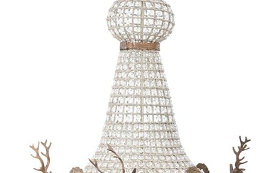 Brass Corbeille Form Four Light Prism Hung Chandelier, 21st c., H.- 21 in., Dia.- 22 in.