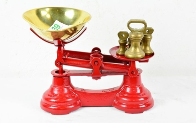 British Red Balance Scale With Brass Bell Weights