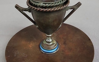 Bronze candle stick signed Louis C. Tiffany Furnaces Inc.- Has a blue favrile glass spacer ring as