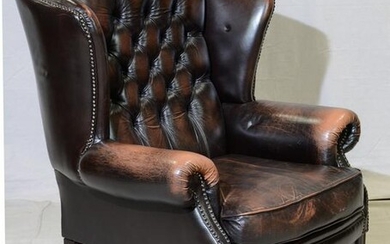 Brown Leather Chesterfield Wing Chair - Straight Legs