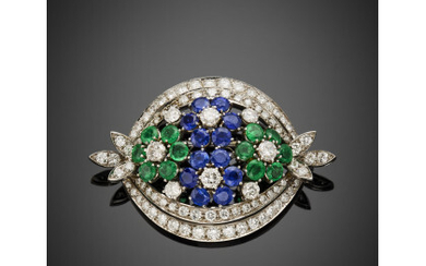CALDERONI Diamond emerald and sapphire white gold floral brooch, diamonds in all ct. 2.60 circa, g 12.86 circa, length cm...