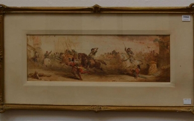 CHARLES CATTERMOLE, STORMING THE CITADEL, WATERCOLOUR, 14.5 X 44CM, FRAME SIZE: 33 X 65CM, CONDITION: FOXING, DISCOLOURATION, CONSIS...