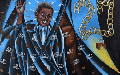 CHÉRI SAMBA (Né en 1956) Nelson Mandela Rolihlahla, 1991 Acrylique et paillettes sur toile Titrée,...