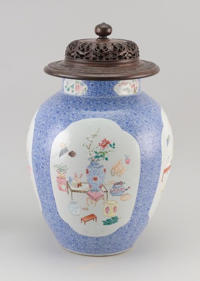 CHINESE FAMILLE ROSE PORCELAIN VASE With enameled flower vase and scholar's object cartouches on a blue flower and scroll ground. Fa..