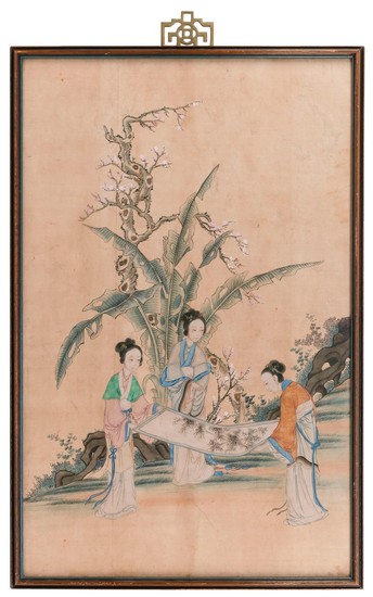 CHINESE PAINTING ON SILK Depicting three ladies examining a scroll. 33.25" x 20.5". Framed.