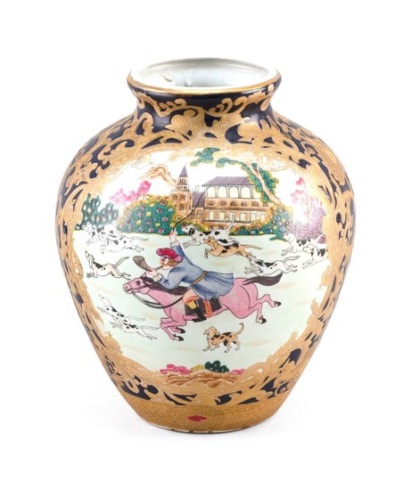 CHINESE PORCELAIN VASE With two famille rose cartouches with western decoration of a fox hunt on a cobalt blue ground with heavy gil...