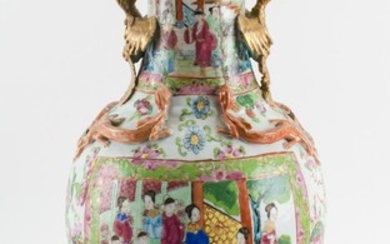 CHINESE ROSE MEDALLION PORCELAIN VASE In baluster form, with a floriform mouth, phoenix handles at neck and figural cartouches on bo...