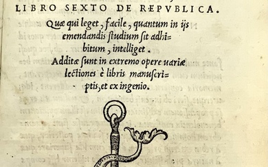 CICERONE, Marco Tullio. Officiorum libri tres. Cato Maior. Laelius. Paradoxa stoicorum sex. Somnium Scipionis. Venezia: Paolo Manuzio, 1541. 8vo (145x93mm).…