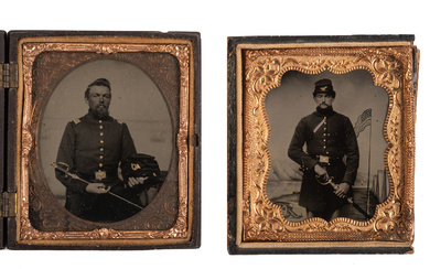 [CIVIL WAR]. A pair of sixth plate tintypes featuring armed company grade officers.