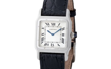 Cartier Paris. Very Fine and Attractive Santos Square-shape Wristwatch in White Gold, With Silver Roman Numbers Dial