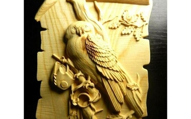 Carved Falcon, Falconry Hunting Scrolled Wooden Plaque