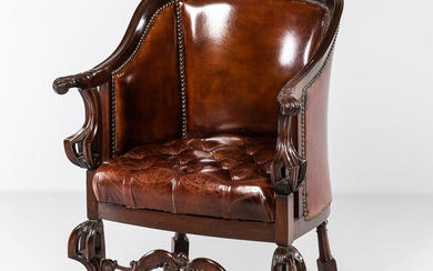 Carved and Tufted Leather-upholstered Armchair