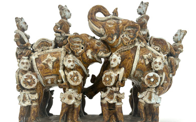 CERAMIC TREASURES: EXCEPTIONALLY RARE MAJOLICA ELEPHANT FIGURE WITH INDIAN ANCIENT WARRIORS.