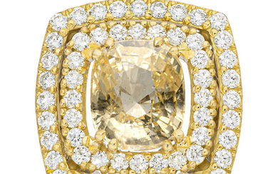 Ceylon Yellow Sapphire, Diamond, Gold Ring Stones: Cushion-shaped yellow...