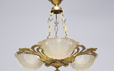 Chandelier, gilt, screens of frosted glass 1900's.