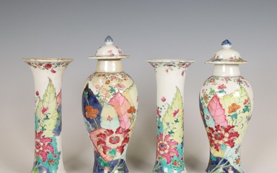 China, four-part famille rose 'tobacco leaf' porcelain garniture, 19th century