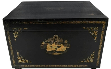 Chinese Export Black Lacquer and Gilt Decorated Tea Box