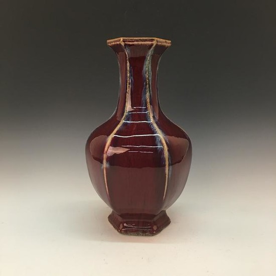 Chinese Flambe Glazed Hexagon Vase, Yongzheng Mark