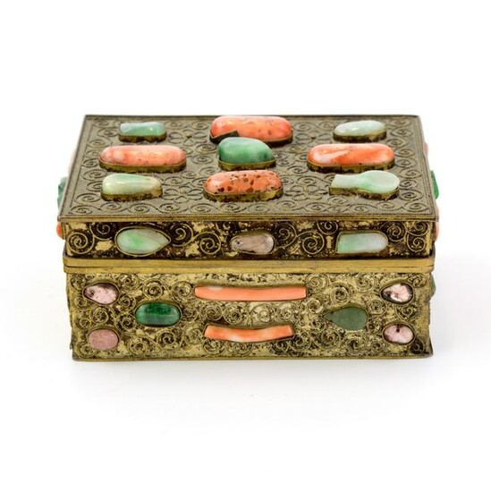 Chinese Gilt Filigree Coral & Jade Gemstone Box