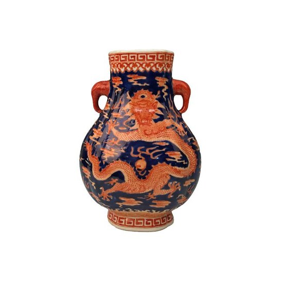 Chinese Iron Red Blue-White 'Dragon' Fanghu-Form Vase