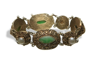 Chinese Jadeite, Silver, and Pearl Bracelet, 20th