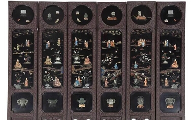 Chinese Lacquer and Stone Six Panel Floor Screen