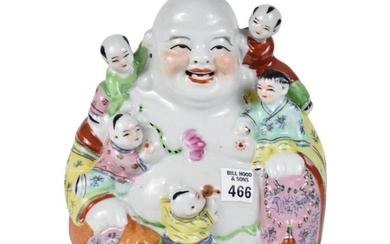 Chinese Porcelain Figure of Happy Buddha with Children - Impressed stamps to underside. 8 1/2" h.
