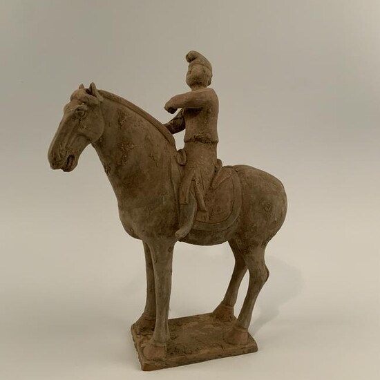 Chinese Pottery Figure Of a Man on a Horse 15-1/2'' H