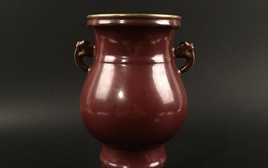 Chinese Red Glazed Gilt Rim Porcelain Vase, Qianlong