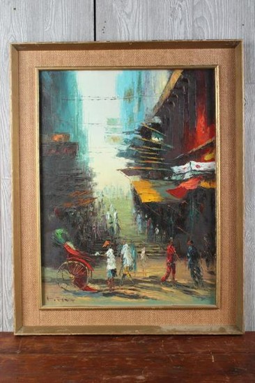 Chinese Street Scene Painting Signed F Feng
